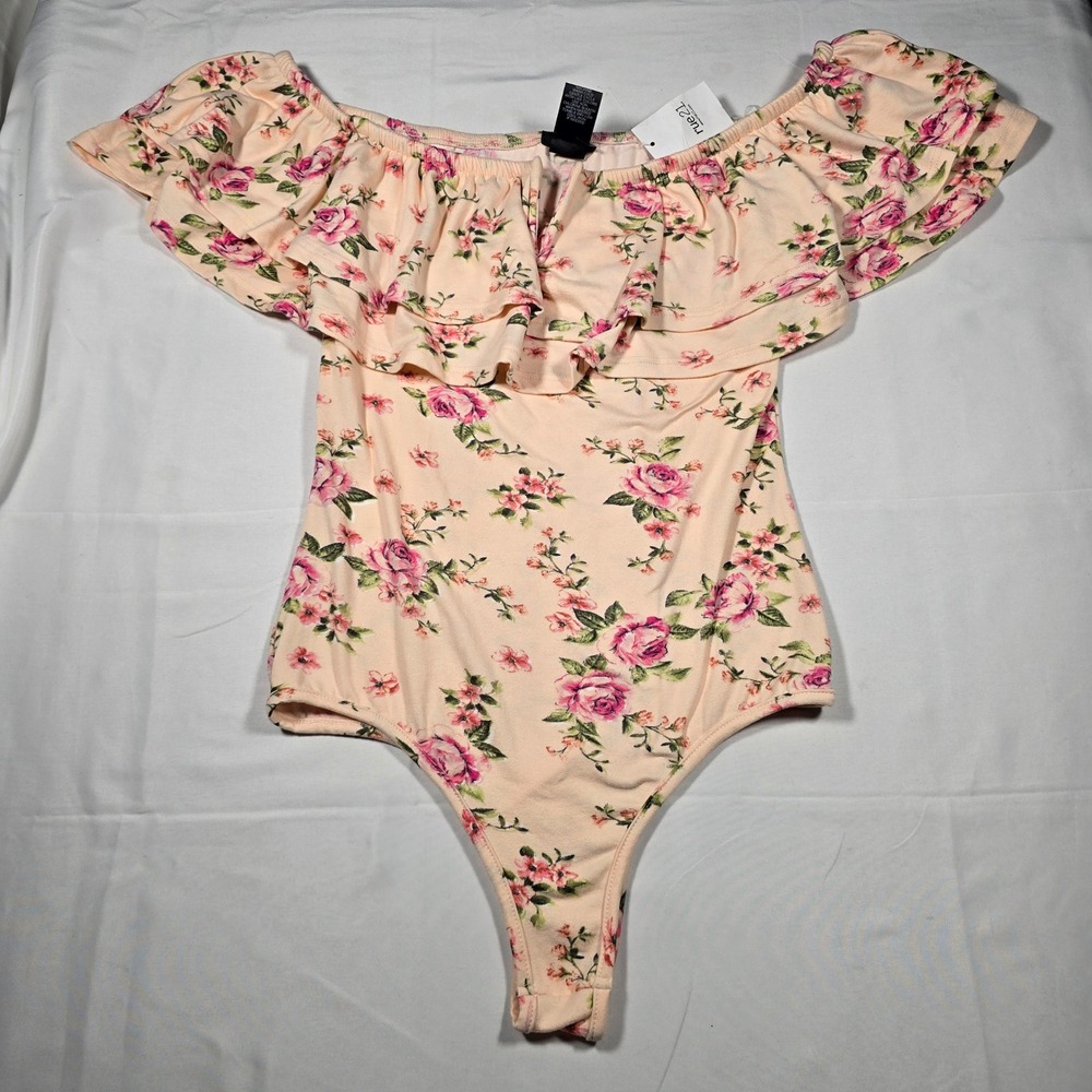 Rue21 Womens Peach Floral Off Shoulder Ruffle Thong Bodysuit Medium NWT
